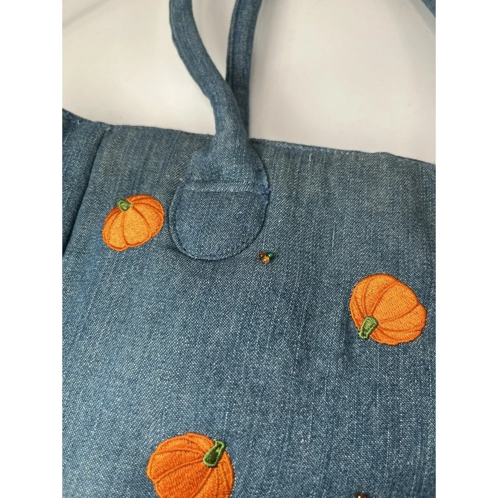 Vintage Quacker Factory denim blue shoulder bag w/ embroidered pumpkins